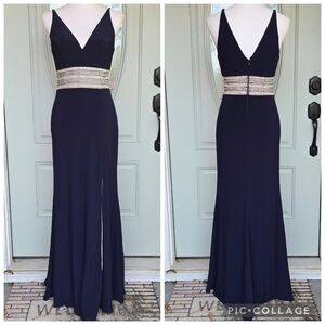 Aqua Formal Navy V-Neck Gown